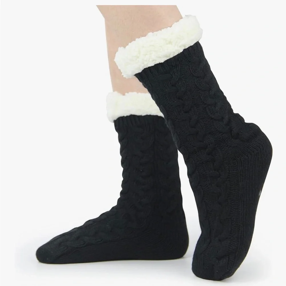 Cozy Black Knit Socks with White Fleece Lining Non Slip